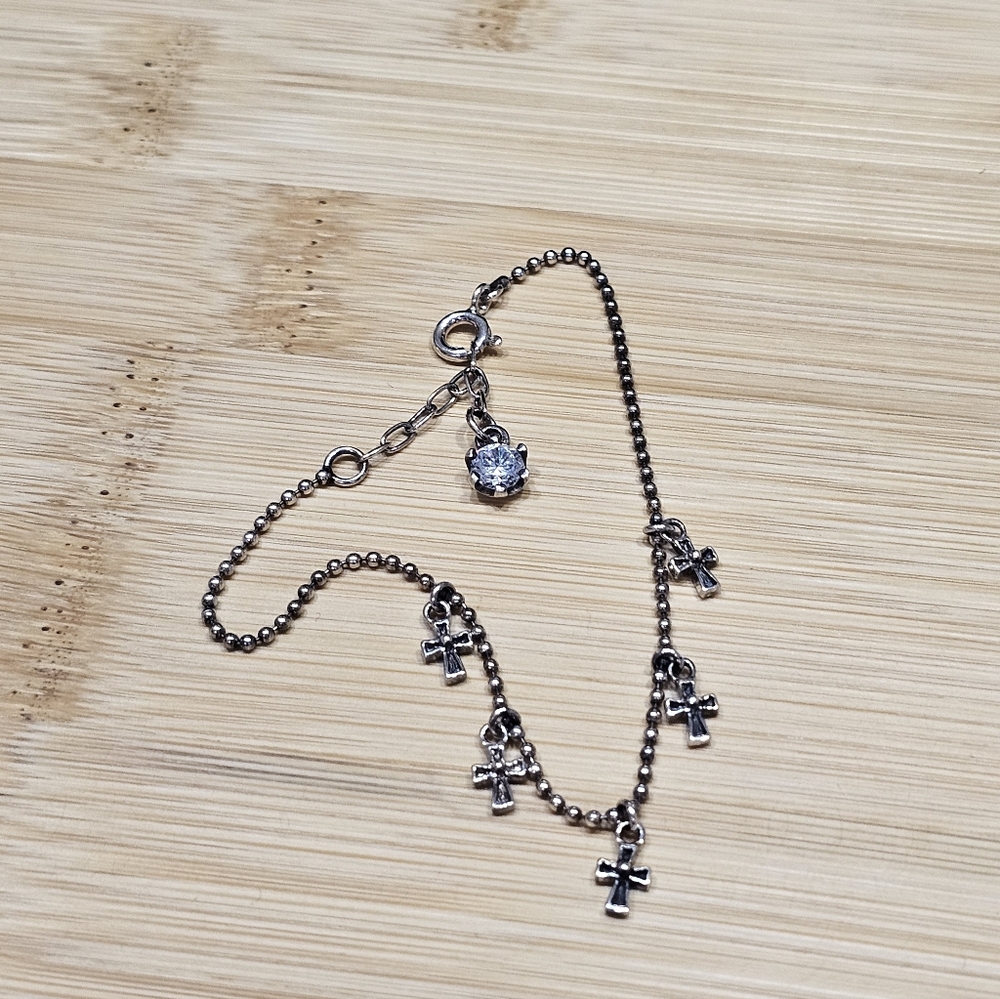 Cross Charm Bracelet with Crystal Charm 925 Silver Bead Adjustable Length - Picture 8 of 15